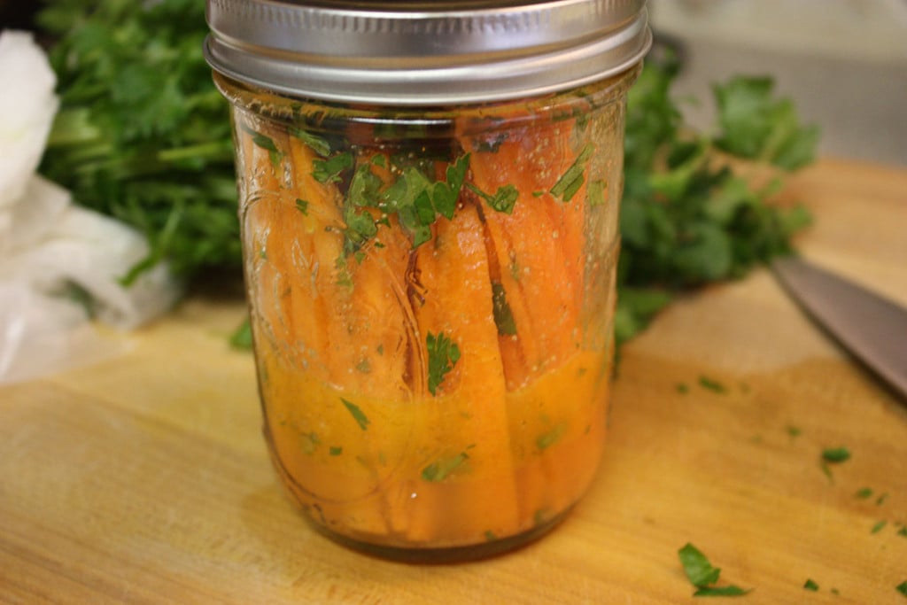 Marinated Carrots in a mason jar.