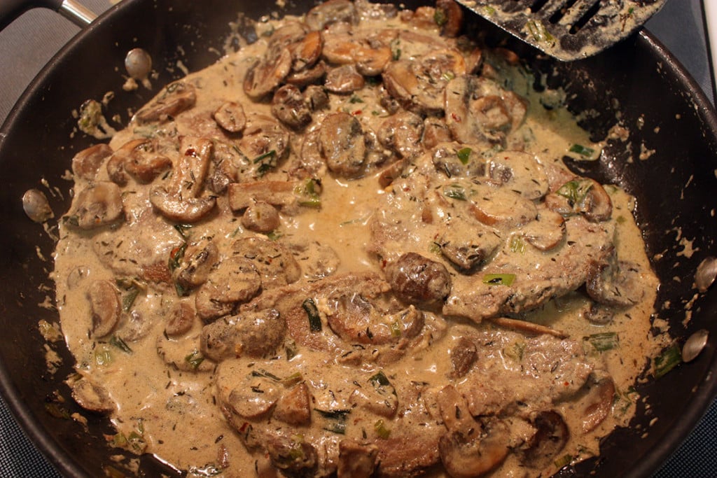 Turkey Burgers with Mushroom Gravy in a large skillet.