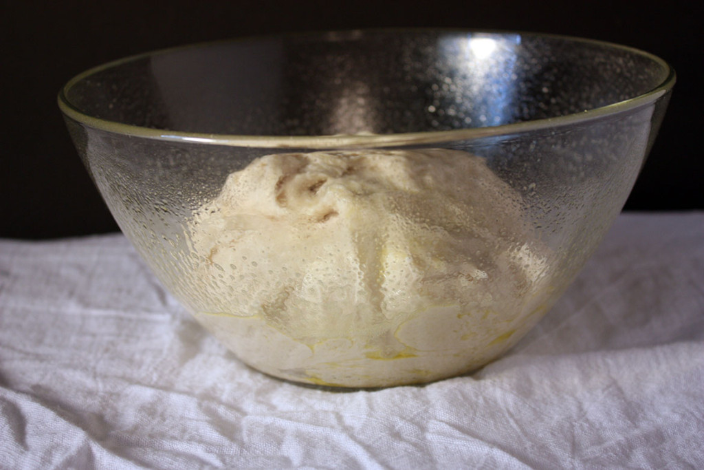Naan dough in a glass bowl.