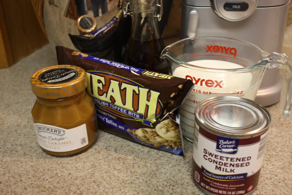 Ingredients for the no churn salted caramel ice cream.
