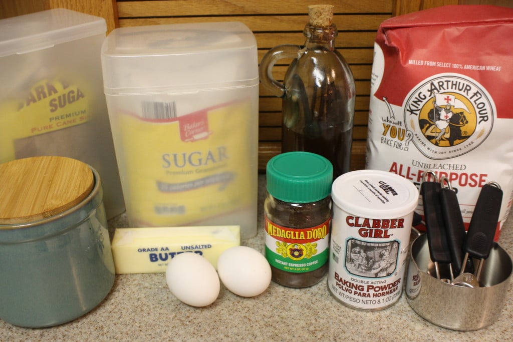 Espresso Biscotti ingredients on a light surface.