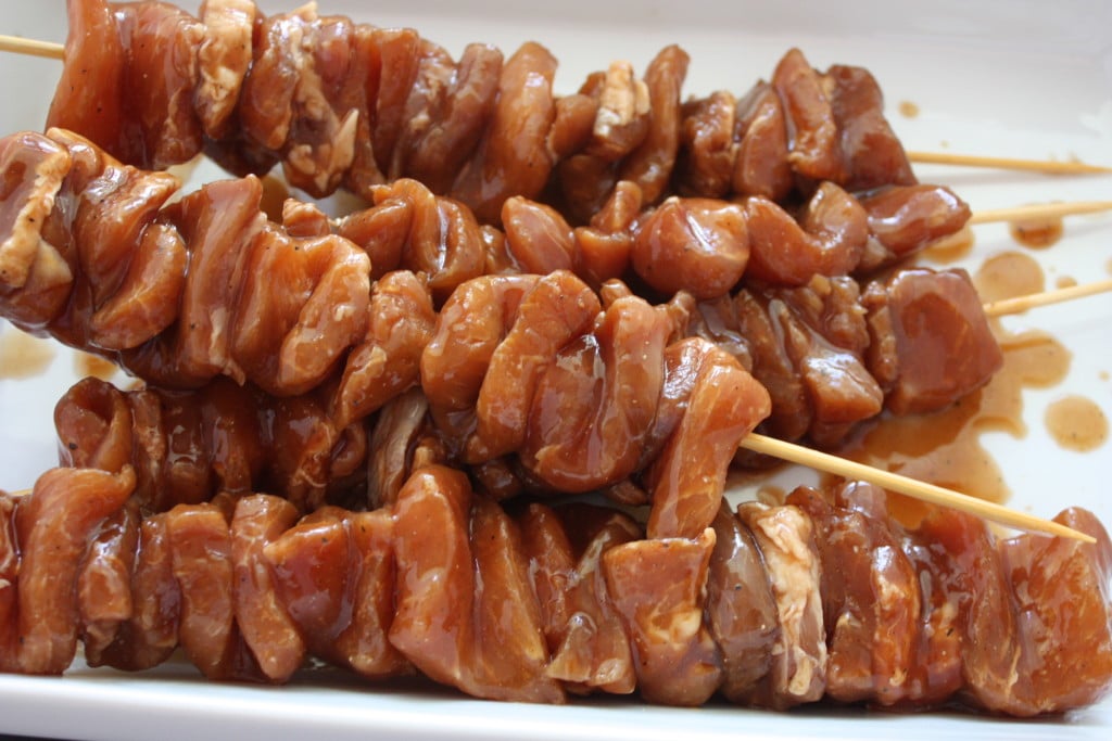 Filipino Pork Kebabs in a white baking dish