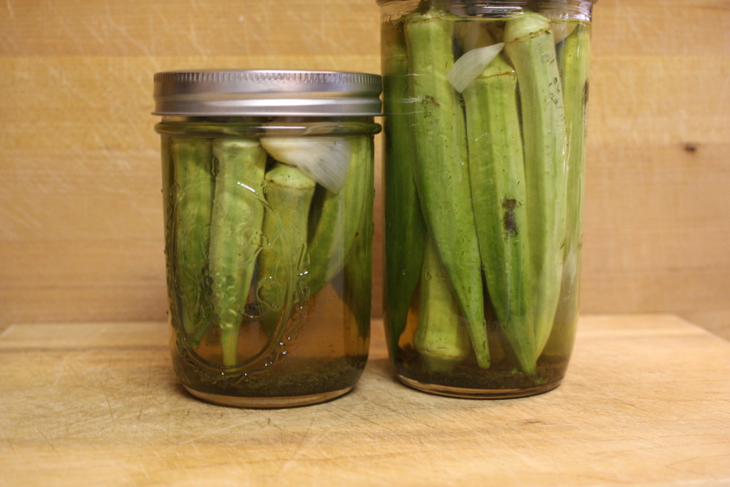 Pickled okra in mason jars.