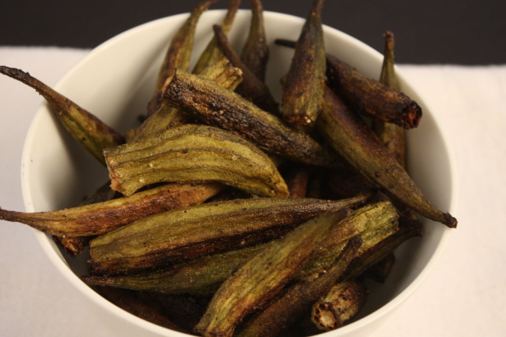 Roasted Okra in a white bowl.