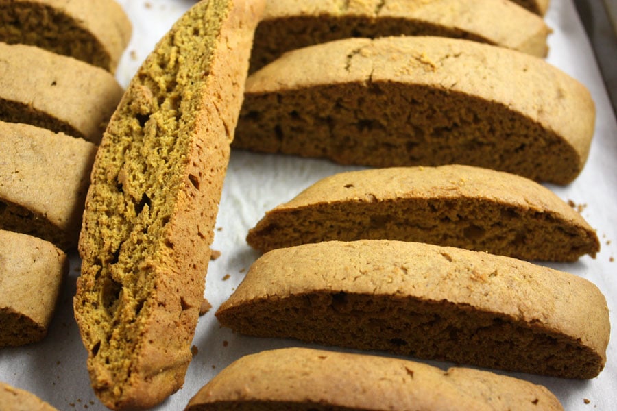 baked pumpkin spice biscotti on a baking sheet