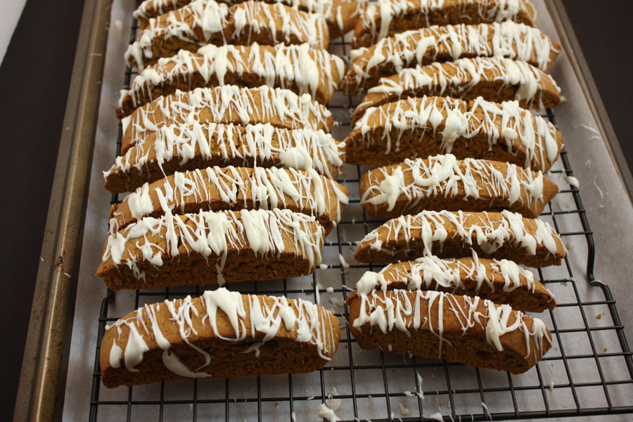 Pumpkin Spice Latte Biscotti on a wire rack in a baking pan