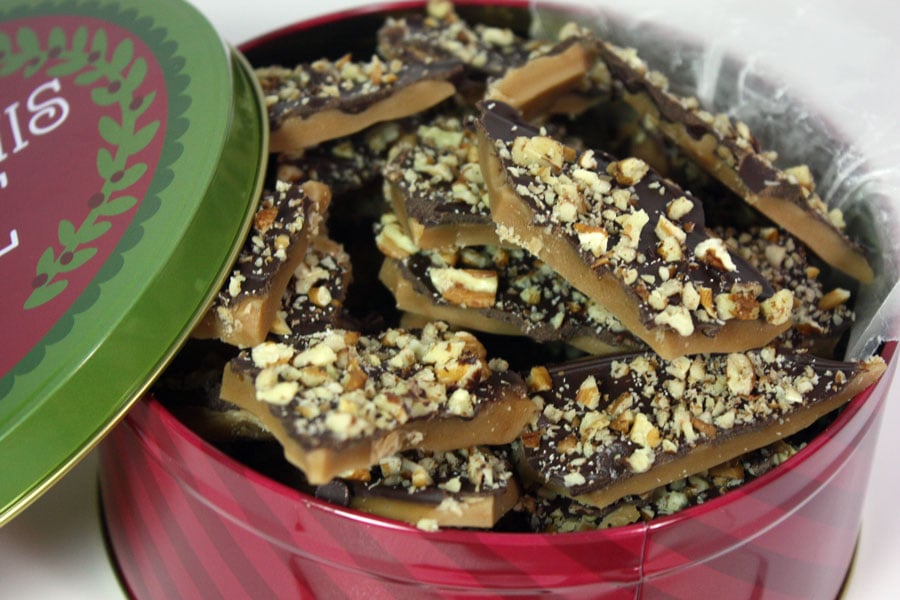 English Toffee pieces in a metal Christmas tin.