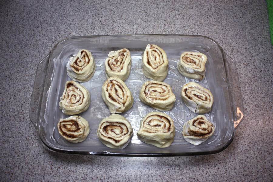 Cinnamon Rolls in a greased baking pan, unbaked.