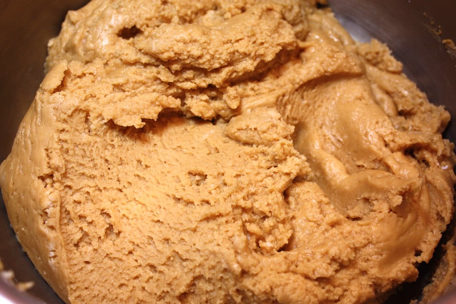 Cooled peanut butter mixture in a sauce pan.
