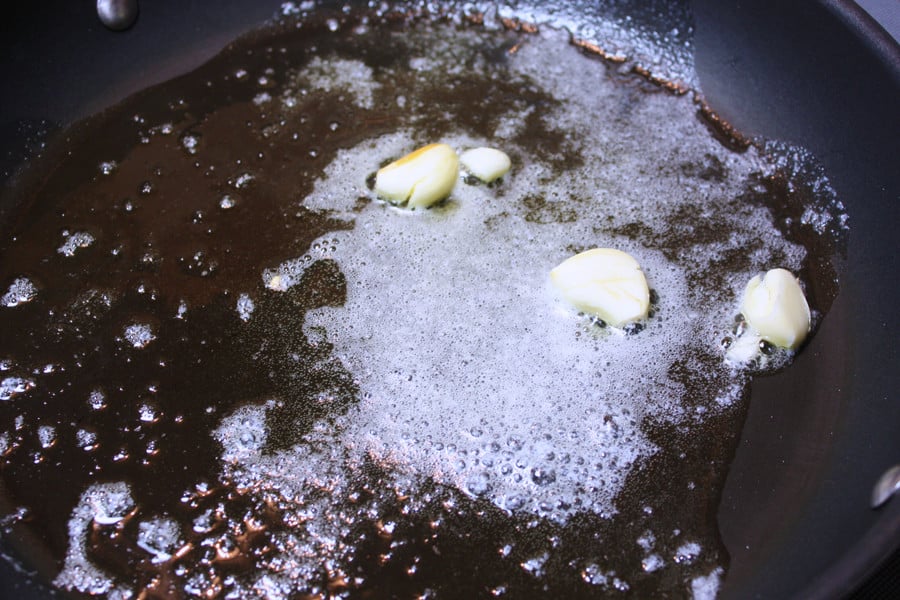 Garlic sautéing in olive oil.