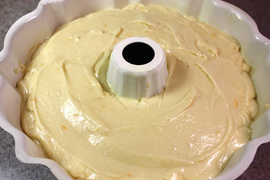 Meyer lemon cake batter in the bundt pan.