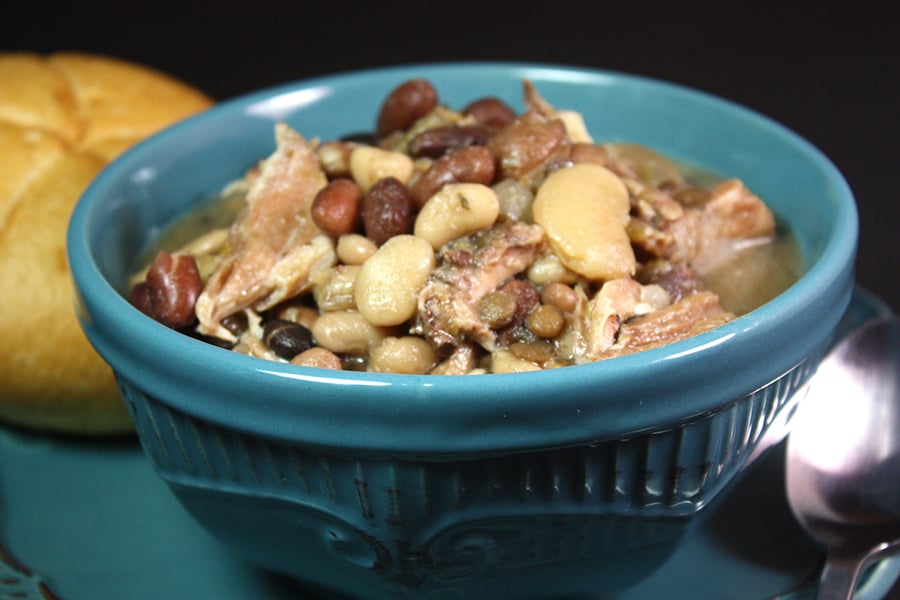 Slow Cooker 15 Bean Soup in a blue bowl