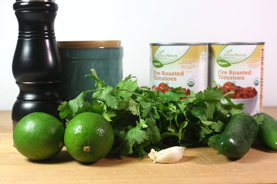 Fire Roasted Salsa ingredients on cutting board.