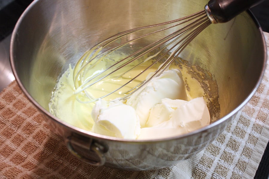 Chocolate Tiramisu - whipped cream and marscarpone in a metal bowl