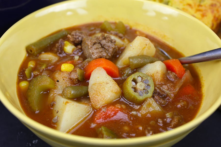 Vegetable Beef Soup in a yellow bowl.