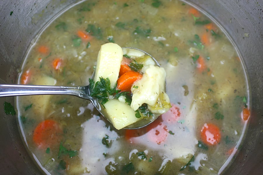 Vegetable Dumpling Soup scooped in a ladle