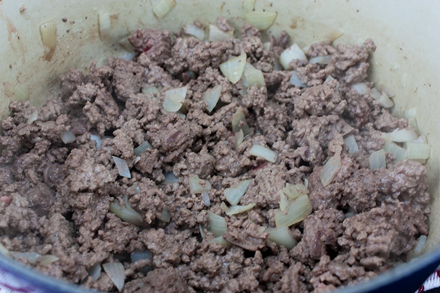 Thick & Hearty Homestyle Chili - ground beef and onions cooked in a dutch oven