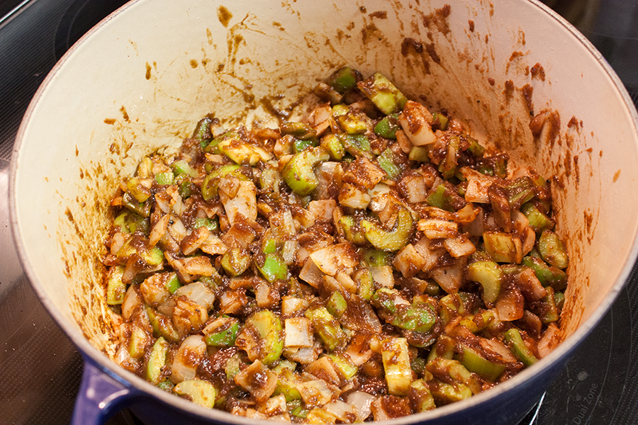 Onions, bell peppers, and celery cooking in the roux.