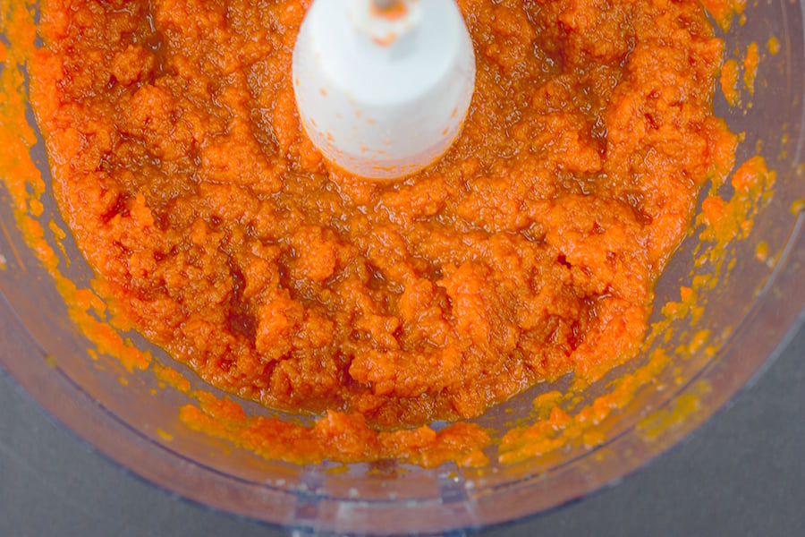 carrot souffle - carrots pureed in the bowl of a food processor