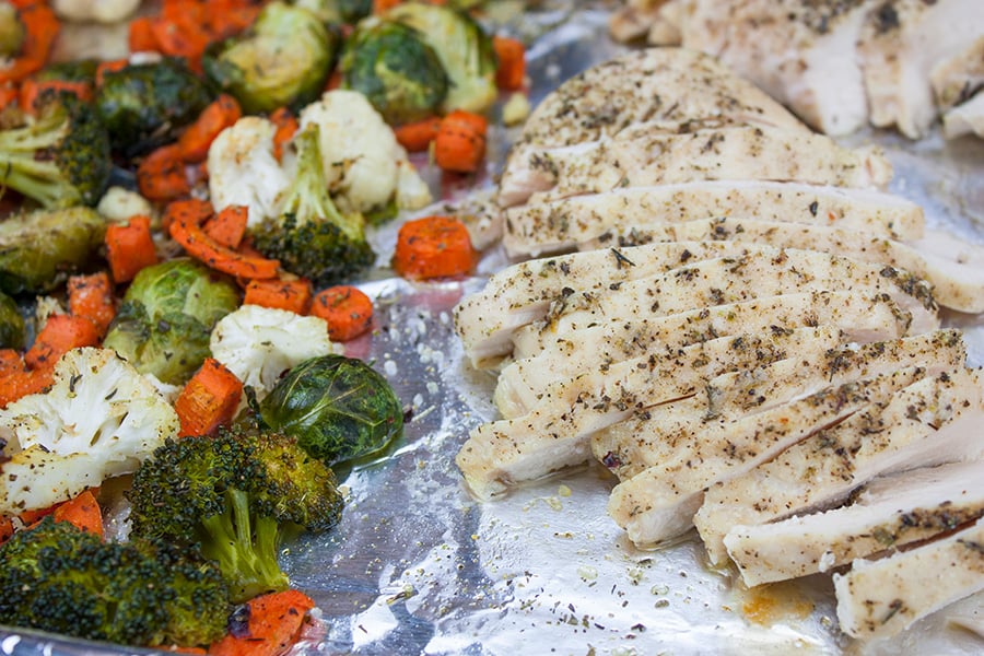 Sheet Pan Roasted Chicken and Vegetables on a foil lined pan