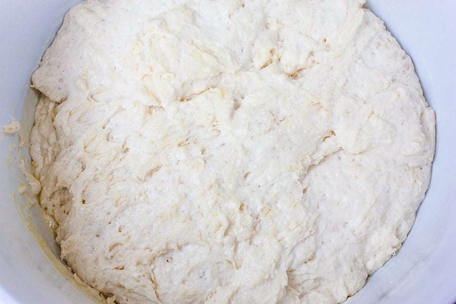 No Knead Skillet Bread dough risen in a white bowl