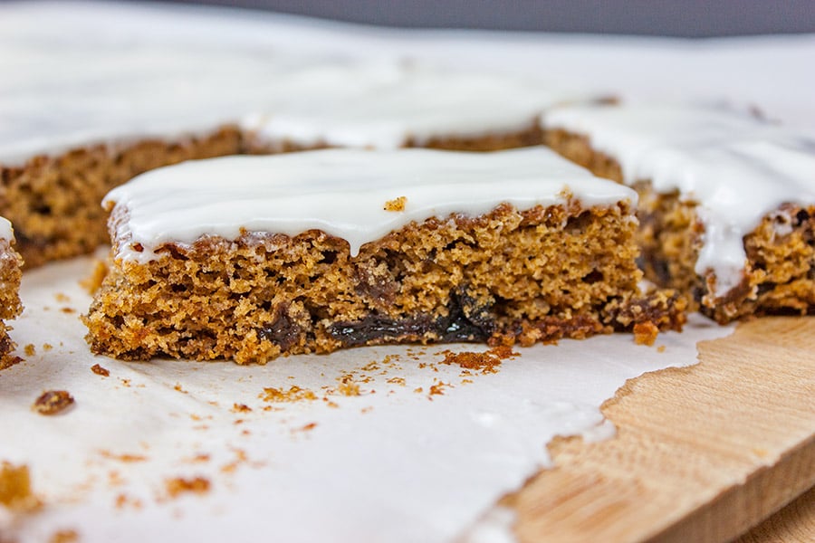 a closeup of a slice of the Old fashioned Raisin Bars 