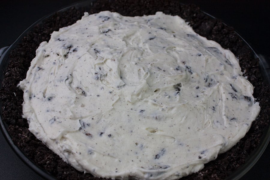 Cookies and Cream Pie in glass pie dish
