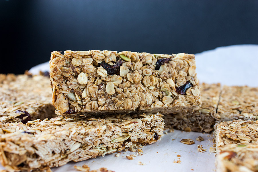 Granola bars cut into serving size bars.