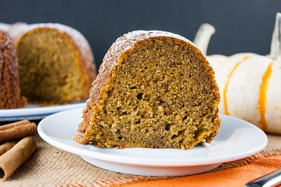 Pumpkin Spice Bundt Cake slice on a white dessert plate