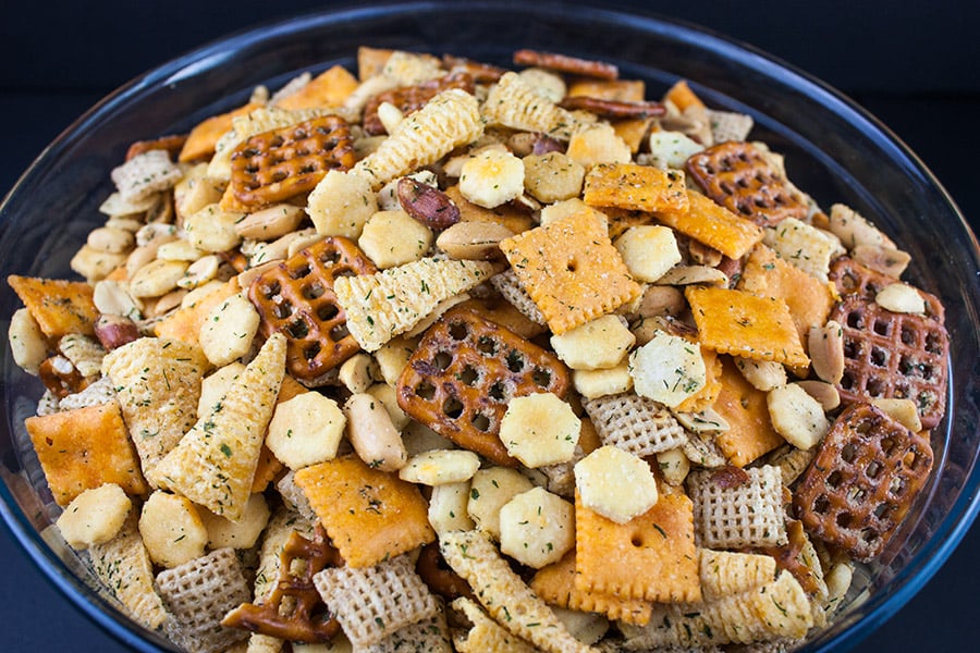 ranch party mix in a glass bowl