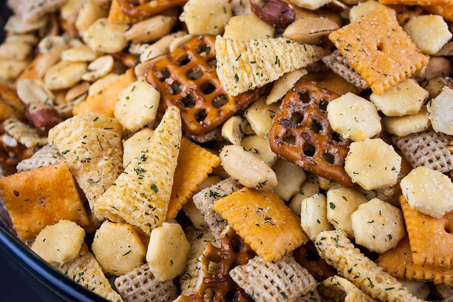 ranch party mix in a glass bowl