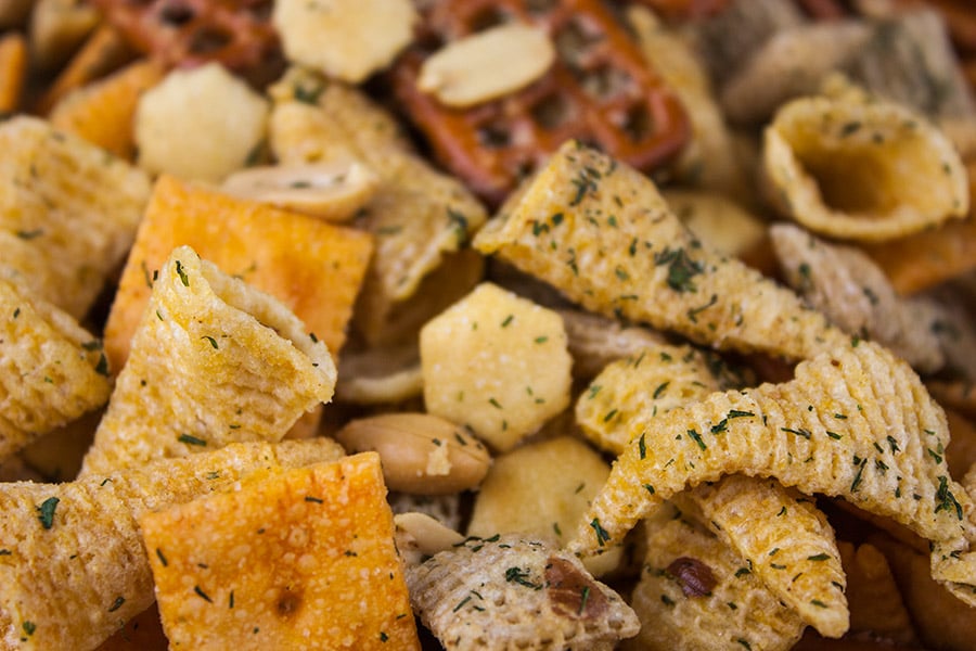 ranch party mix close up cheese crackers bugles oyster crackers covered in spices