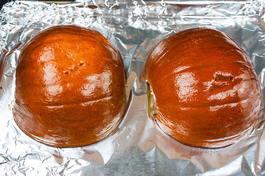 Gingersnap Crust Pumpkin Pie - pie pumpkin roasted on a foil covered sheet pan