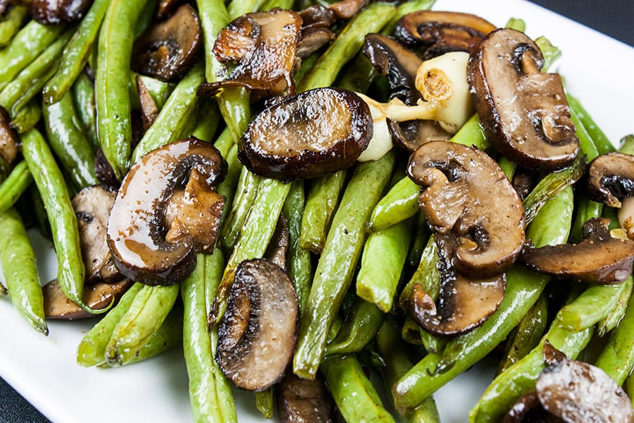 Roasted Green Beans and Mushrooms - on a white platter