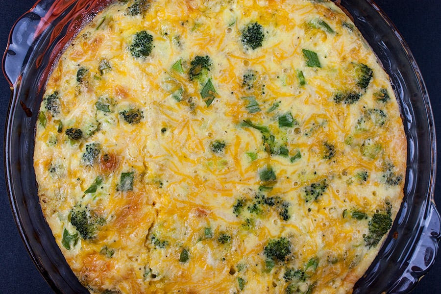 bake crustless broccoli and cheddar quiche in glass pie dish
