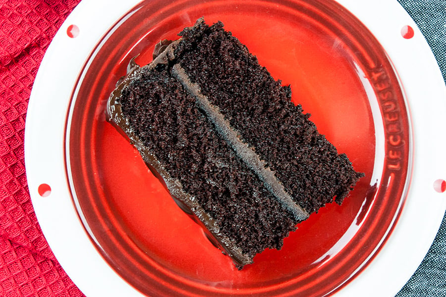 a slice of Dark Chocolate Espresso Cake on a white and red plate