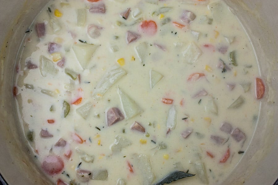 Easy Ham and Potato Soup - soup after the potatoes and ham have been added