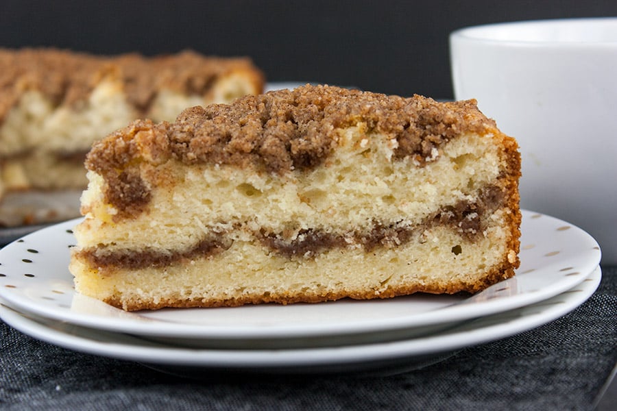 Cinnamon Crumb Coffee Cake - single slice on white plate