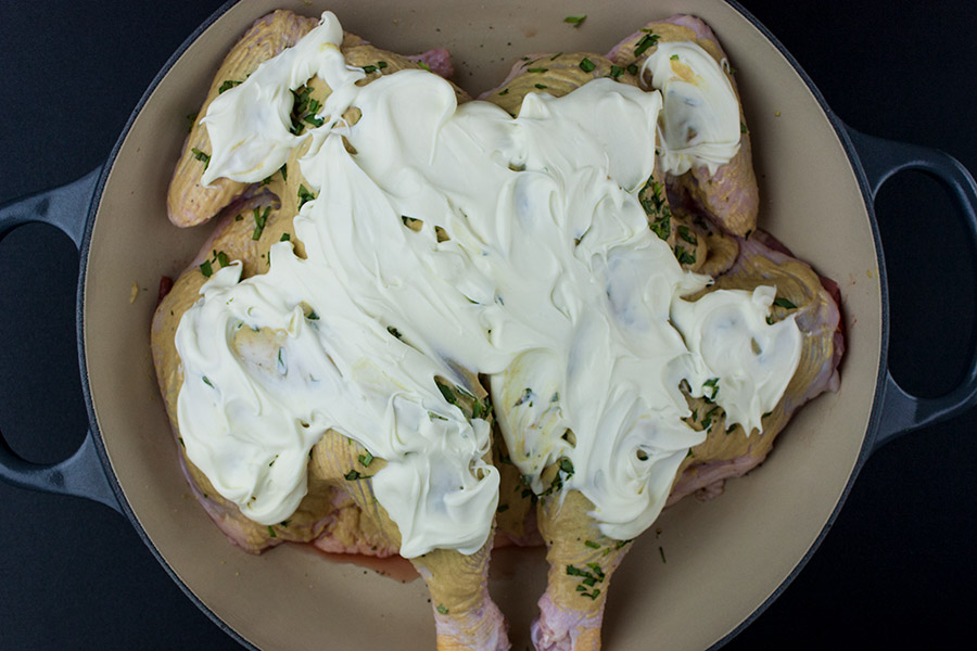 Roasted Chicken with Dijon Cream Sauce - brushed with Dijon , tarragon, and creme fraiche