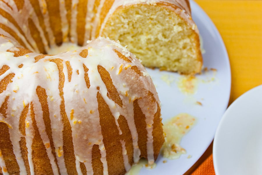 close up of the whole lemon orange pound cake showing texture