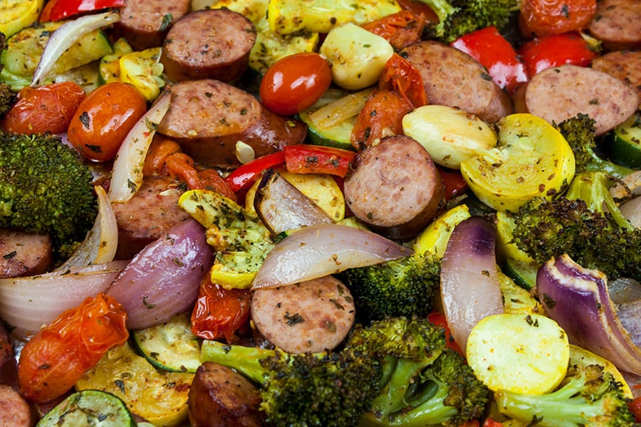 Sheet Pan Sausage and Vegetables - close up of the baked sausage and vegetables