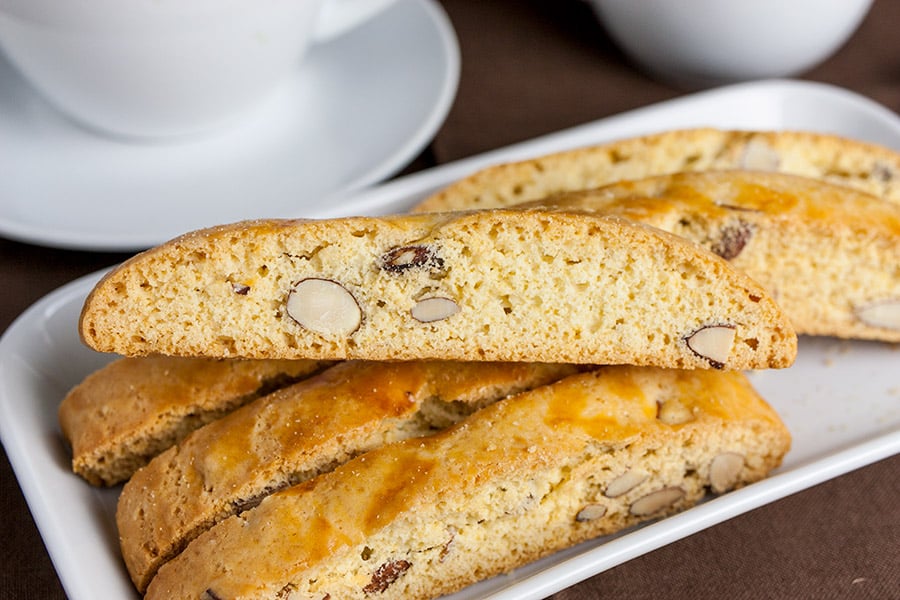 Almond Biscotti on stacked white plate