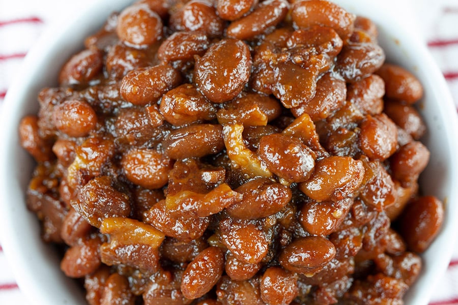 Slow Cooker Boston Baked Beans in a light colored bowl.