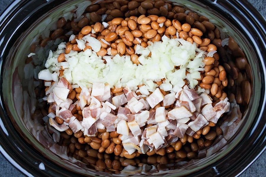 Beans, diced bacon, and diced onions in crock pot before sauce is added.