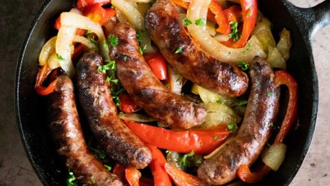 Cast Iron Brats with Peppers and Onions - Fresh Off The Grid