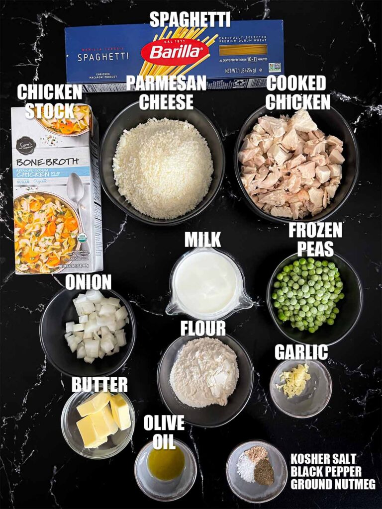 Ingredients needed for chicken tetrazzini.