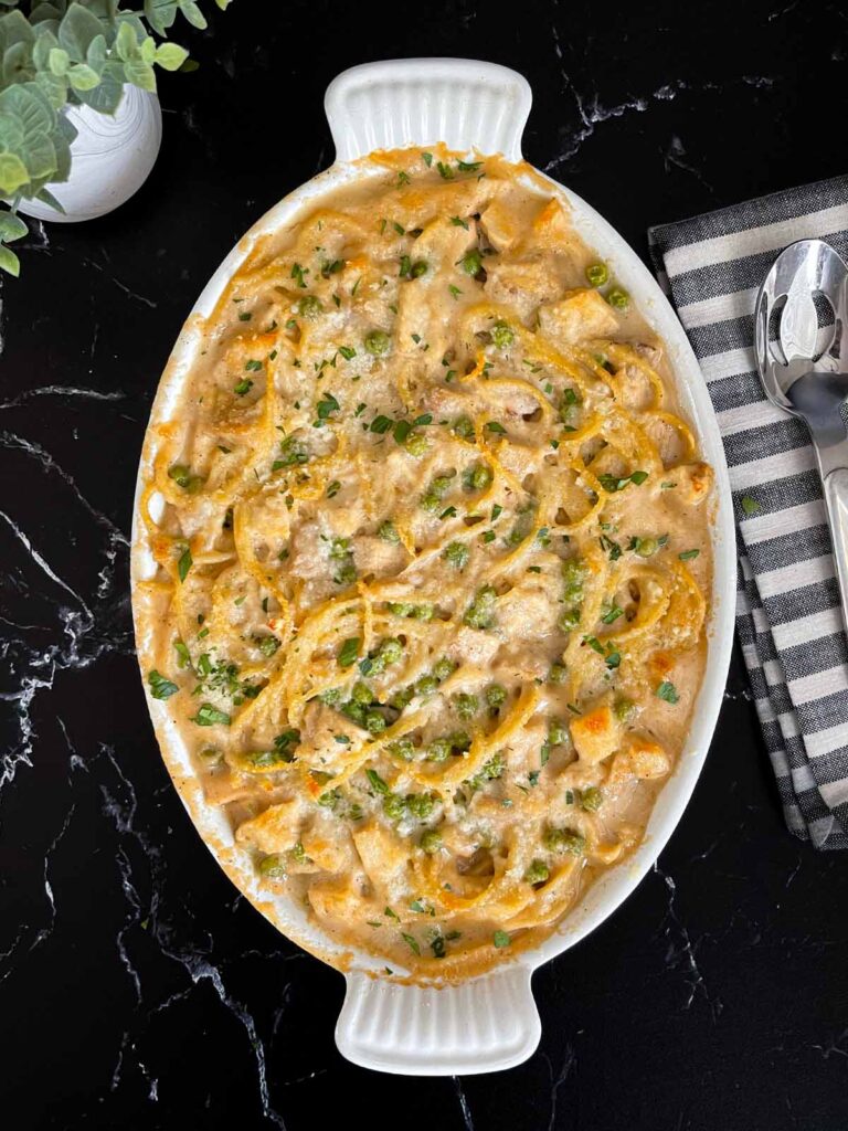 Chicken tetrazzini right out of the oven.