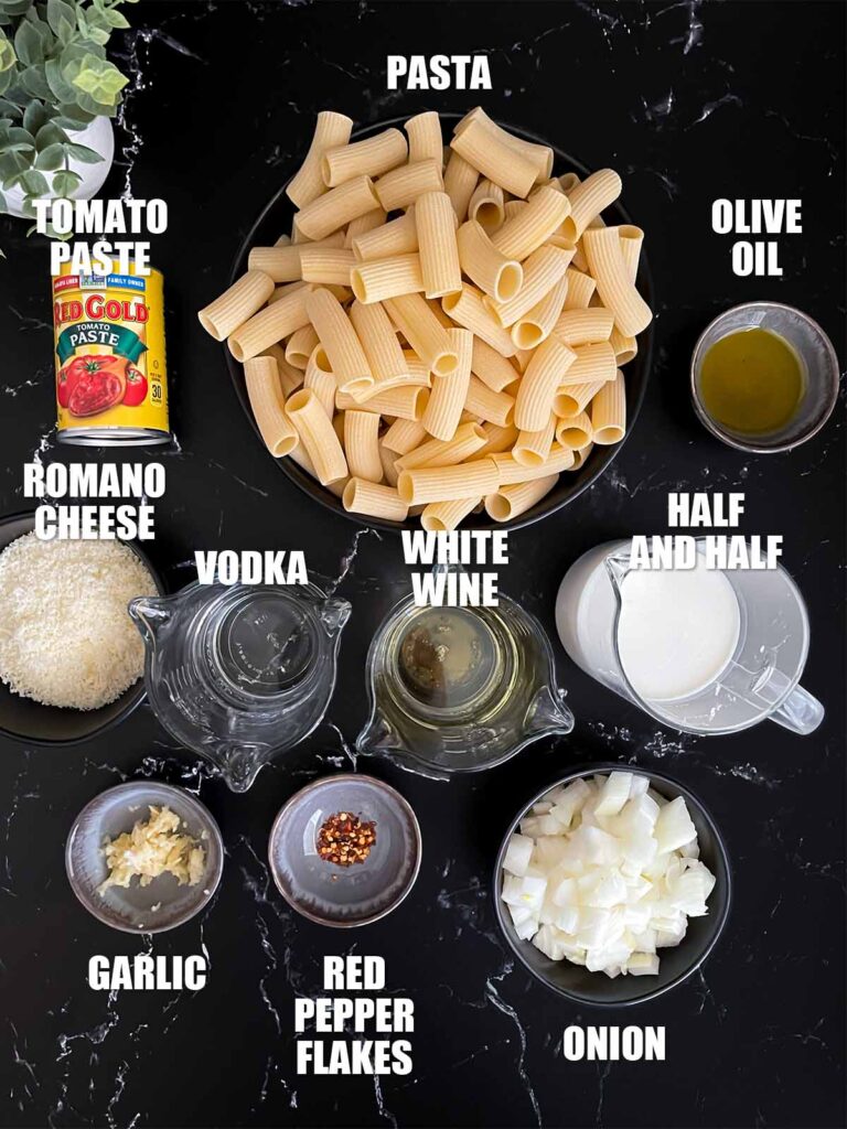 Ingredients for pasta alla vodka.