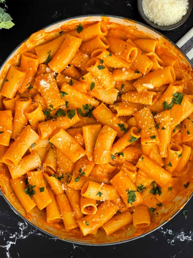 Pasta alla vodka in a skillet.