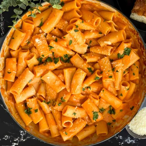 Pasta alla vodka in a skillet.